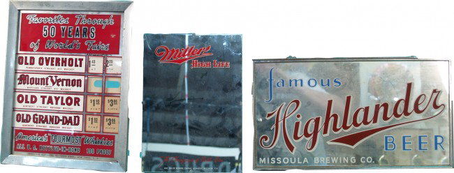 Lot Of 3 Bar Alcohol Advertising Signs/Mirrors:: Lot Of 3 Bar Alcohol Advertising Signs/Mirrors: 1 - Highlander Beer mirror - 18" x 10", 1 - Miller High Life mirror - 9" x 13" & 1 - America's "Four-Most" Whiskies reverse on glass price sign - 12" x 