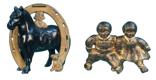 Lot Of 2 Cast-Iron Still Banks:: Lot Of 2 Cast-Iron Still Banks: 1 - Good Luck Horse Shoe Bank w/ Buster Brown & Tige by Arcade c1908 & 1 - "Campbell Kids" bank