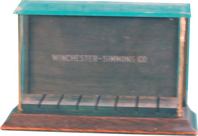Small Etched Glass & Wood Kwiksale Display Cases: Small Etched Glass & Wood Kwiksale Display Cases Countertop Display Case w/ "Winchester - Simmons Co." etched on front glass, made by Specialty Display Case Co. Kendallville, Indiana - 10" x 4" x 7" t