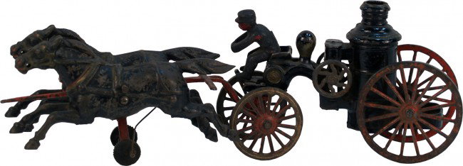 Early Cast-Iron Horse Drawn Ives Steam Pumper Carr: Early Cast-Iron Horse Drawn Ives Steam Pumper Carriage c1900 w/ removeable driver, all original - 14" long