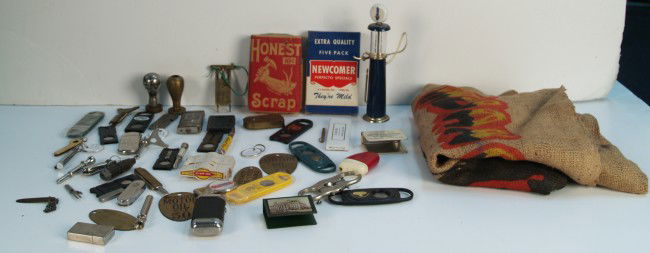 Box Lot Of Early Items Including: Box Lot Of Early Items Including: cigar cutters, key chains, mini gas pump model, paper cigar tags, cigars, gas station pump plates, Super Knife, etc.