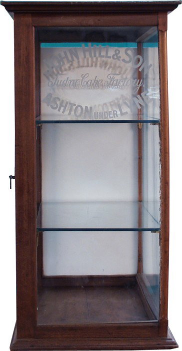 Wood & Etched Glass "John Hill & Son" Store Counte: Wood & Etched Glass "John Hill & Son" Store Countertop Display Case w/ 2 glass shelves, all original in good condition - 26" x 13" x 25" tall