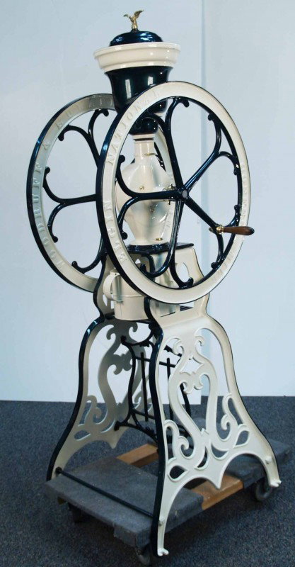 Cast-Iron Floor Model 2-Wheel Elgin National Coffe: Cast-Iron Floor Model 2-Wheel Elgin National Coffee Mill - Fresh Restoration Done in Metallic Hunter Green and Creme with brass trim