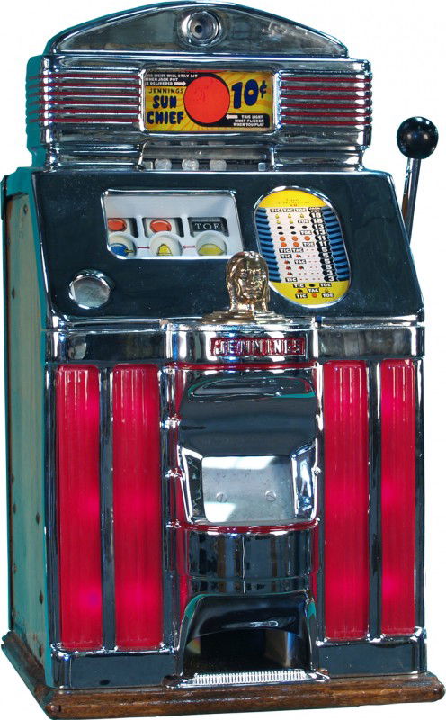 10 Cent Jennings Sun Chief Tic-Tac-Toe Slot Machin: 10 Cent Jennings Sun Chief Tic-Tac-Toe Slot Machine, "Sweepstakes Jackpot" light-up, restored w/ keys