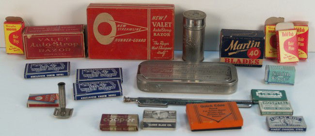 Box Lot Of Early Items Including: Box Lot Of Early Items Including: small boxes of razor blades, 4 - boxes of Hold-Bob Hair Pins, 2 - Valet razor Items, 1 - Rolls Razor, etc.
