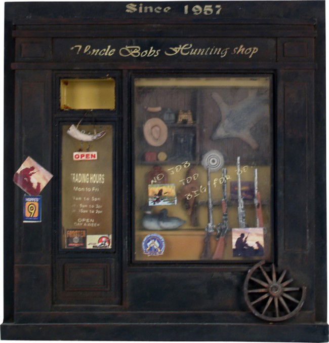 Uncle Bobs Hunting Shop Diorama Store Front Scene: Uncle Bobs Hunting Shop Diorama Store Front Scene "Since 1957", very cute - 13" x 14"