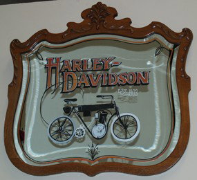 Reverse Painted Beveled Mirror in Fancy Oak Frame: Reverse Painted Beveled Mirror in Fancy Oak Frame Hand Painted Scene from An Early Harley Davidson Motorcycle Advertisement