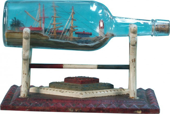 Early Ship In A Bottle On Wood Base Tramp Art: Early Ship In A Bottle On Wood Base Tramp Art