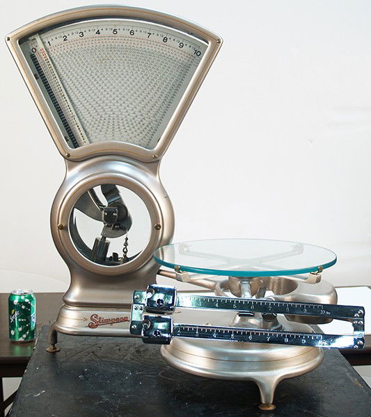 Large Countertop Stimpson Fan Scale No. 1325130: Large Countertop Stimpson Fan Scale No. 1325130, restored w/ clear glass tray