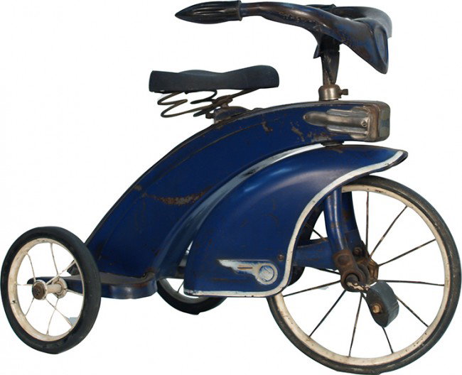 Vintage Steel Craft c1930's Blue Art Deco Tricycle: Vintage Steel Craft c1930's Blue Art Deco Tricycle Made by Murray, all original w/ modern front fender - 21" to top of handle bars & 18" to top of seat