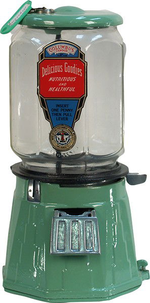 1 Cent Countertop Columbus Mystery Machine Bulk Ve: 1 Cent Countertop Columbus Mystery Machine Bulk Vending Machine w/ procelain base & top, in excellent condition w/ keys