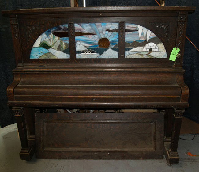 Coin-Op J.P. Seeburg Upright Player Piano: Coin-Op J.P. Seeburg Upright Player Piano w/ stained glass window, in original condition, needs restoration (AS IS)