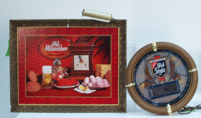 Lot Of 2 Beer Signs: Lot Of 2 Beer Signs: 1 - plastic wall mount Old Syle Beer digital clock, works - 17"" diam & 1 - cardboard Old Milwaukee Beer sign w/ clock in plastic frame w/ light - 28"" x 22""