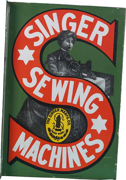 Singer Sewing Machine Double Sided Flange Porcelai: Singer Sewing Machine Double Sided Flange Porcelain Sign, all original - 16"" x 24""