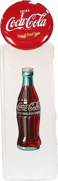 Vintage Drink Coca Cola Self-Framed Tin Sign c1947: Vintage Drink Coca Cola Self-Framed Tin Sign c1947 w/ big bottle of Coca Cola w/ 16"" diam button, complete - 16"" x 54""