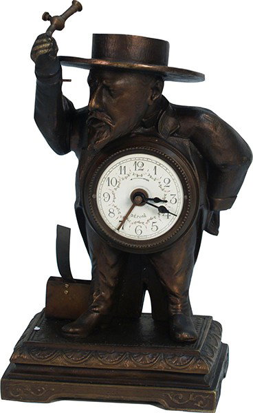 Early Bronze Countertop French Depose Figural Man : Early Bronze Countertop French Depose Figural Man Lighter Strike Clock, lights candle on head w/ wooden match in hand when the alarm goes off, works good - approx. 9"" tall