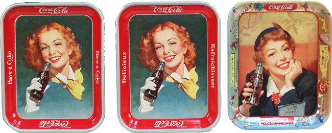 Lot Of 3 Vintage Coca Cola Tin Serving Trays:: Lot Of 3 Vintage Coca Cola Tin Serving Trays: 1 - Buvez Coca Cola 1960's, 1 - Buvez Coca Cola, Canada 1950's & 1 - 1950 - each 10"" x 13""
