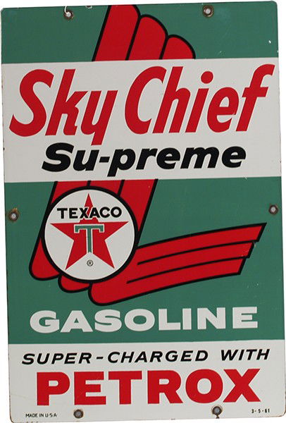 Texaco Gasoline Porcelain Sign c1961: Texaco Gasoline Porcelain Sign c1961 ""Sky Chief Su-Preme"" - 12"" x 18""