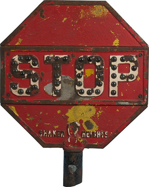 Cast-Iron ""STOP"" Sign: Cast-Iron ""STOP"" Sign w/ glass marbled jewels in the word stop w/ embossed Amish woman, Shaker Heights, Ohio, all original - 18"" x 18""