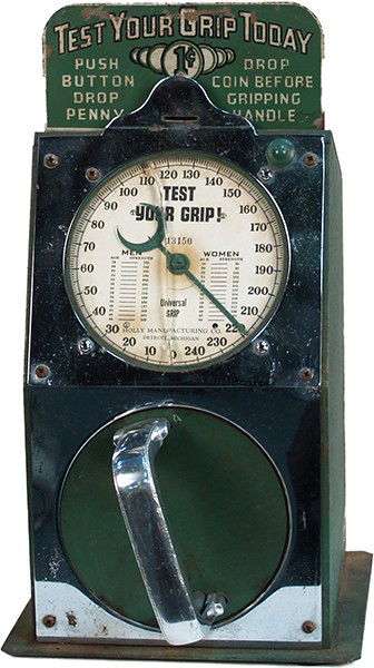 Early 1 Cent Countertop ""Test Your Grip Today"" S: Early 1 Cent Countertop ""Test Your Grip Today"" Strength Test Machine by Holly Manufacturing Co. Detroit, Michigan w/ very hard to find original marquee (has crack in face) w/ keys