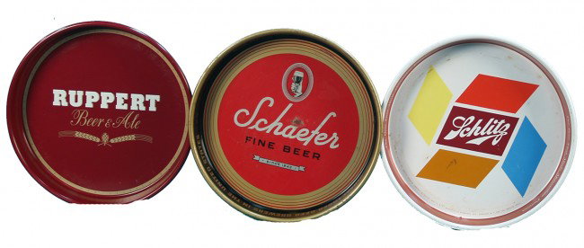 Lot Of 3 Beer Tin Serving Trays: Lot Of 3 Beer Tin Serving Trays: 1 - Ruppert Beer & Ale, 1 - Schaefer Fine Beer & 1 - Schlitz, each 13"" diam