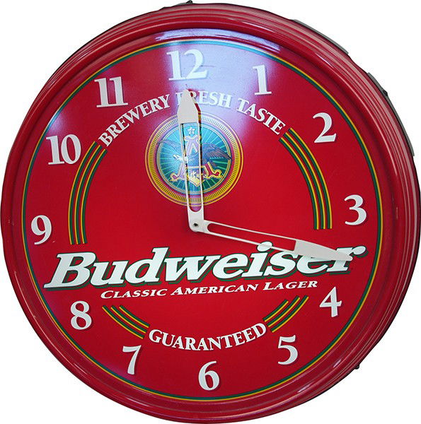 Plastic Wall Mount Budweiser Beer Light-Up Clock: Plastic Wall Mount Budweiser Beer Light-Up Clock ""Classic American Lager"" works - 17"" diam