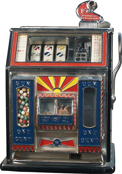 1 Cent Watling Gooseneck Bell Blue Seal Twin Jack: 1 Cent Watling Gooseneck Bell Blue Seal Twin Jackpot Ball Gum Vender Slot Machine c1931 w/ keys