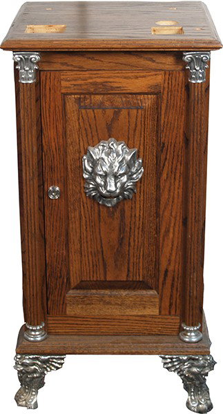 Wooden Slot Machine Stand: Wooden Slot Machine Stand w/ pewter lion figural face on door - 17"" x 17"" x 34"" tall
