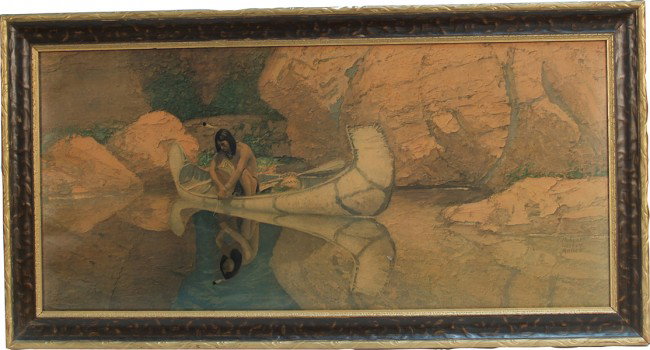 Early Western Print c1920 By Robert Wesley Amick : Early Western Print c1920 By Robert Wesley Amick 1879-1969, depicts indian in canoe looking in the water at his reflection, in original art deco frame - 33"" x 17""