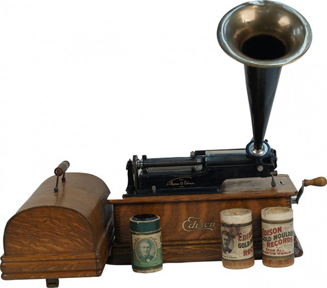 Countertop Edison Home Phonograph Cylinder Player: Countertop Edison Home Phonograph Cylinder Player w/ small horn, crank & cylinder