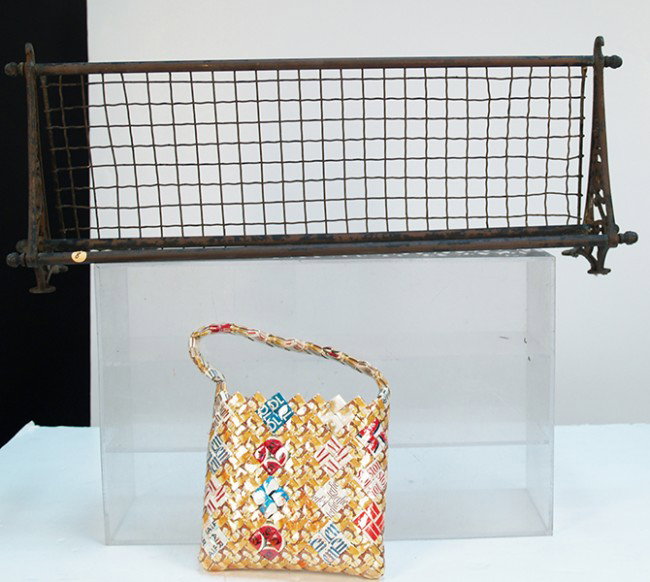 Lot Of 2 Items: Lot Of 2 Items: 1 - ""prison art"" cigarette pack purse & 1 - brass rail car overhead storage rack, original
