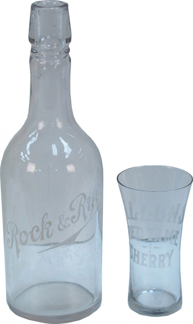 Lot Of 2 Vintage Glass Items: Lot Of 2 Vintage Glass Items: 1 - "Allan's Red Tame Cherry" etched soda drinking glass & 1 - "Rock & Rye" white enamel letter whiskey bottle