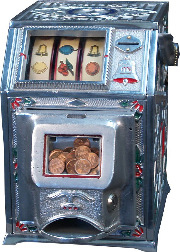 1 Cent Countertop Puritan Baby Bell 3-Reel Jackpot: 1 Cent Countertop Puritan Baby Bell 3-Reel Jackpot Trade Stimulator c1933 by Lion MFG. Co., restored w/ keys