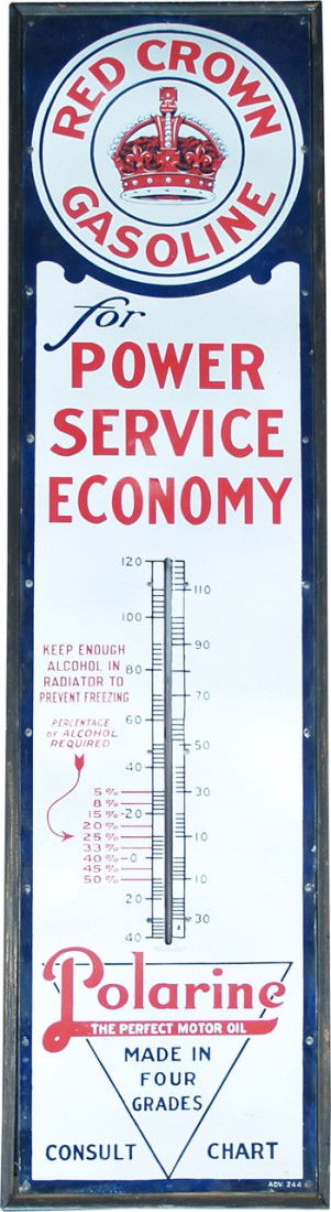 Large Red Crown Gasoline Porcelain Thermometer Sig: Large Red Crown Gasoline Porcelain Thermometer Sign in wood frame - 19" x 72"