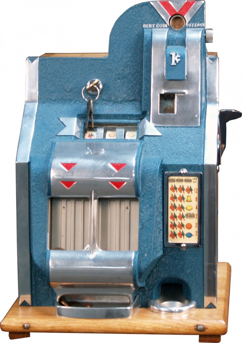 1 Cent Mills Q.T. "V or Triangle" Double Jackpot S: 1 Cent Mills Q.T. "V or Triangle" Double Jackpot Slot Machine c1934 w/ keys
