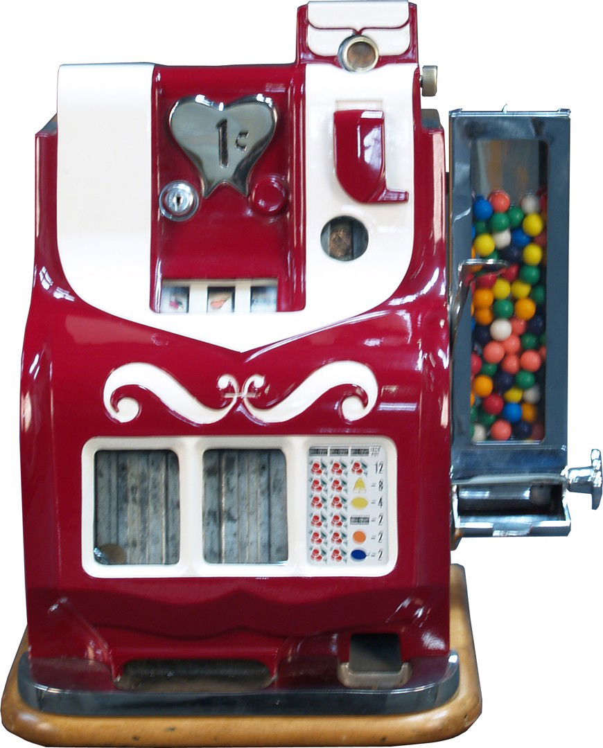 1 Cent Mills Q.T. "Sweetheart" 3-Reel Miniature Be: 1 Cent Mills Q.T. "Sweetheart" 3-Reel Miniature Bell Double Jackpot Slot Machine c1941 w/ side vendor w/ keys