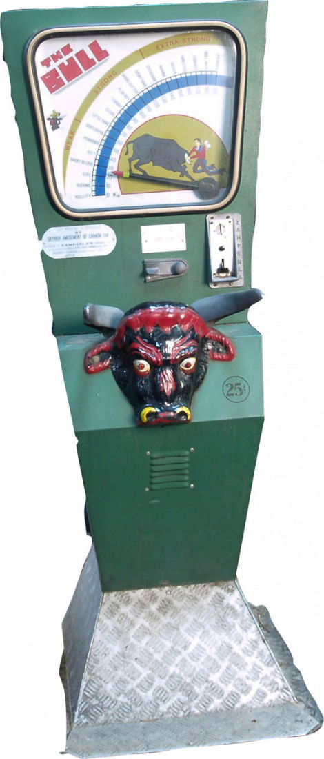 25 Cent Vintage Floor Model "THE BULL" Amusement S: 25 Cent Vintage Floor Model "THE BULL" Amusement Strength Squeeze Horns Arcade Game by Zamperla's Amusement Devices Quebec, Canada in original condition