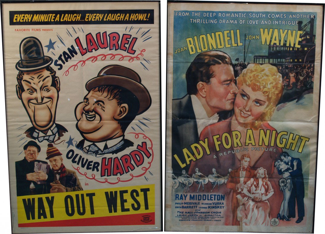 Lot Of 2 Vintage Movie Posters In Frames:: Lot Of 2 Vintage Movie Posters In Frames: 1 - Laurel & Hardey "Way Out West" & 1 - Joan Blondell & John Wayne "Lady For A Night" - each 27" x 41"