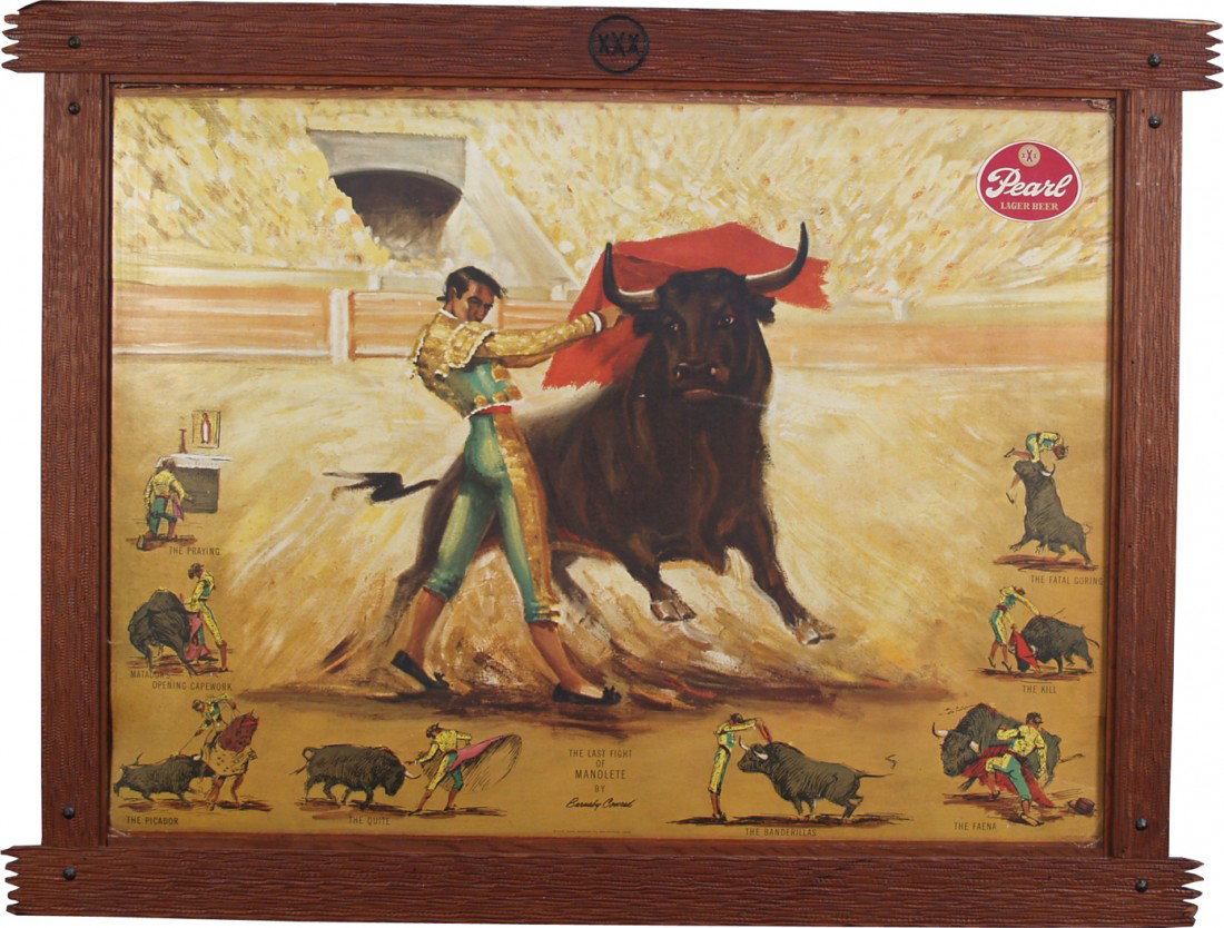 Pearl Lager Beer Cardboard Bull Fighting Scene Sig: Pearl Lager Beer Cardboard Bull Fighting Scene Sign, in original embossed wood frame - 42" x 32"