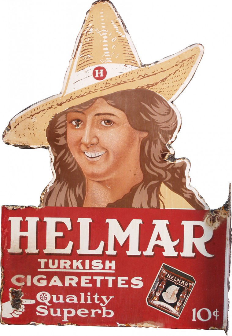 HELMAR Turkish Cigarettes Die-Cut Double Sided Fla: HELMAR Turkish Cigarettes Die-Cut Double Sided Flange Porcelain Sign - 16" x 23" Some Chipping