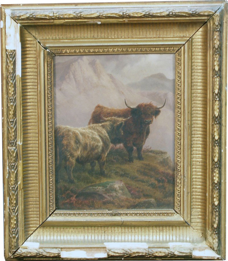Oil Painting Depicting 2 Bulls by Charles Jones: Oil Painting Depicting 2 Bulls by Charles Jones (English 1836-1892) Image Size 6 1/2 x 8 1/2" Framed