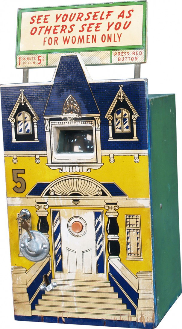 5 Cent Countertop Vintage Wood House Shape View Ar: 5 Cent Countertop Vintage Wood House Shape View Arcade Machine "See Yourself As Others See You - For Women Only" w/ keys