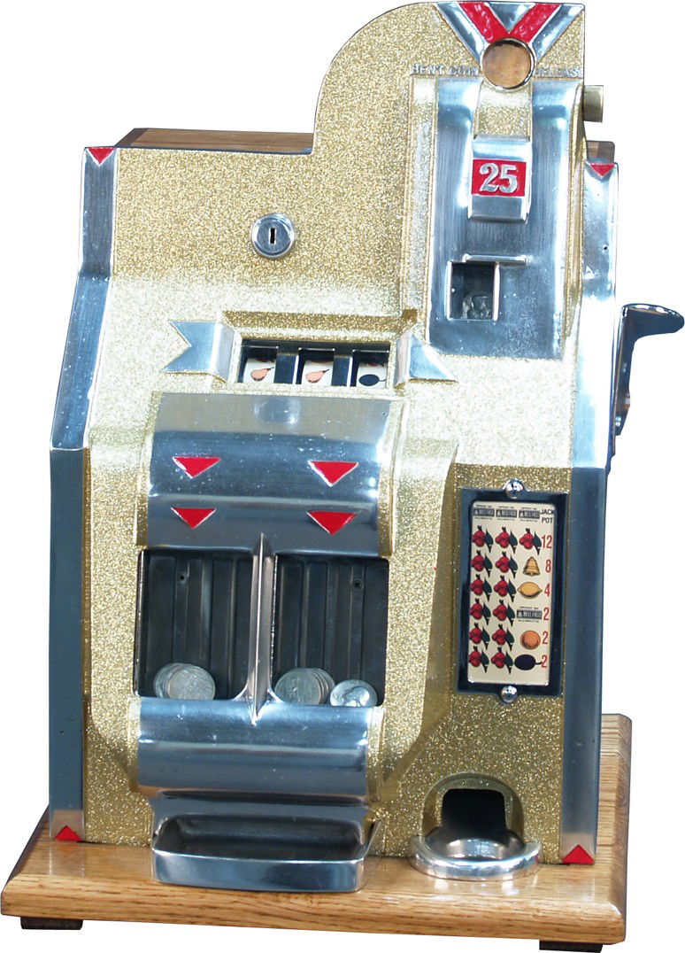 25 Cent Mills Q.T. "V or Triangle" 3-Reel Miniatur: 25 Cent Mills Q.T. "V or Triangle" 3-Reel Miniature Bell Double Jackpot Slot Machine c1934 w/ keys