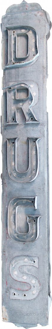Very Large Wall Mount Double Sided Metal & Neon: Very Large Wall Mount Double Sided Metal & Neon "DRUGS" Outdoor Sign (needs work - AS IS) - approx. 13' tall