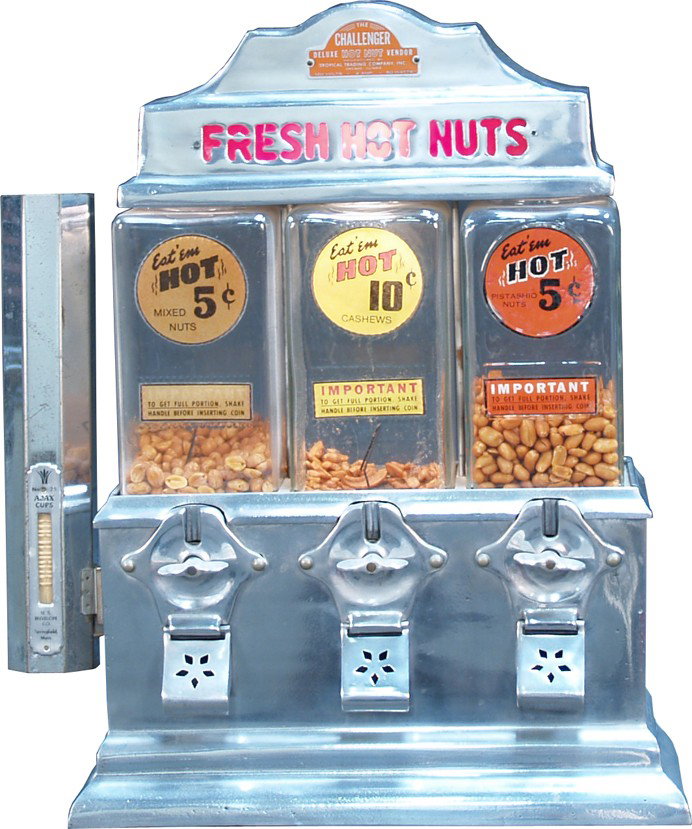 Coin-Op Countertop Light-Up "The Challenger" Tripl: Coin-Op Countertop Light-Up "The Challenger" Triple Hot Nut Bulk Vending Machine c1947 by Tropical Trading Co. w/ side cup holder