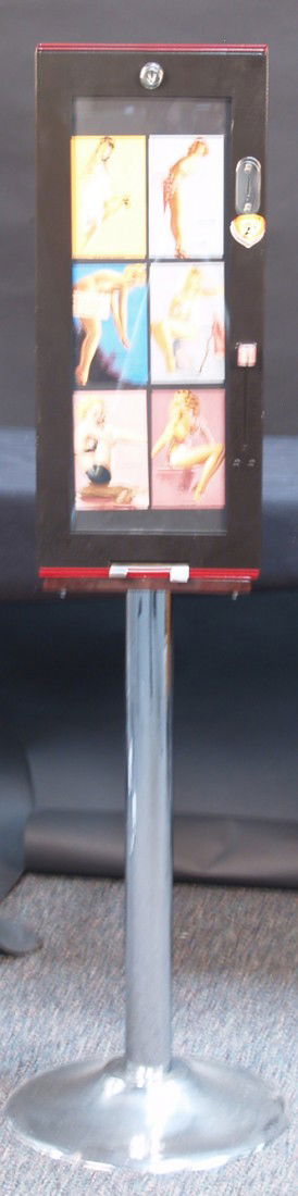 2 Cent Exhibit Supply Card Vending Machine c1940': 2 Cent Exhibit Supply Card Vending Machine c1940's w/ Earl Moran nude girlie cards on chrome stand, restored w/ keys
