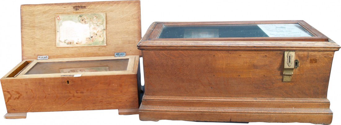 Lot Of 2 Antique Oak Case Music Boxes: Lot Of 2 Antique Oak Case Music Boxes: 1 - 7-1/2" cylinder - 10 aire box (non-working) & 1 - Caille coin-op case, no music cylinder (case only)