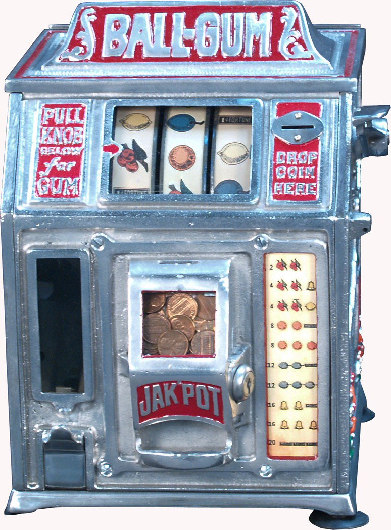 1 Cent Countertop "BALL-GUM" 3-Reel Gumball Trade St: 1 Cent Countertop "BALL-GUM" 3-Reel Gumball Trade Stimulator w/ "Jak-Pot" c1934 by Groetchen, restored w/ keys