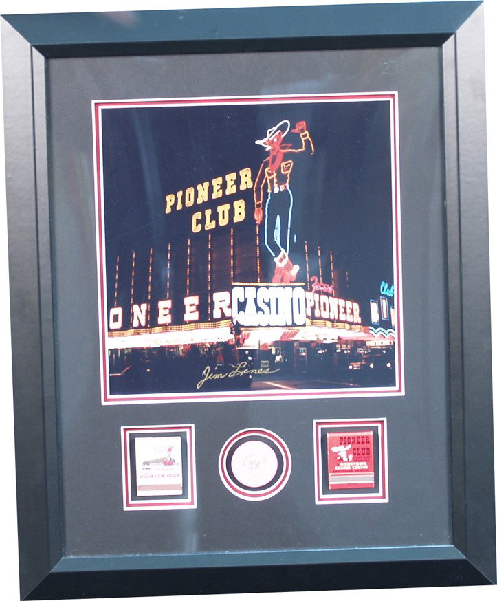 Framed Pioneer Club Casino Las Vegas, NV. Photo Di: Framed Pioneer Club Casino Las Vegas, NV. Photo Display w/ 2 match books & a 25 cent chip - 16" x 20"