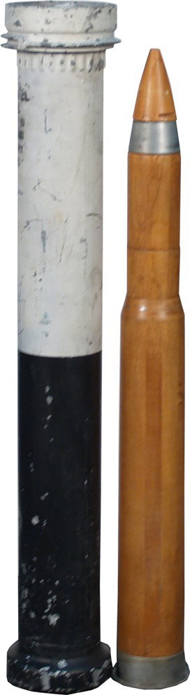 Lot Of 2 Vintage WWII/Korean War Era Items:: Lot Of 2 Vintage WWII/Korean War Era Items: 3" - 50 drill round w/ storage container, made primarily of wood, completely inert